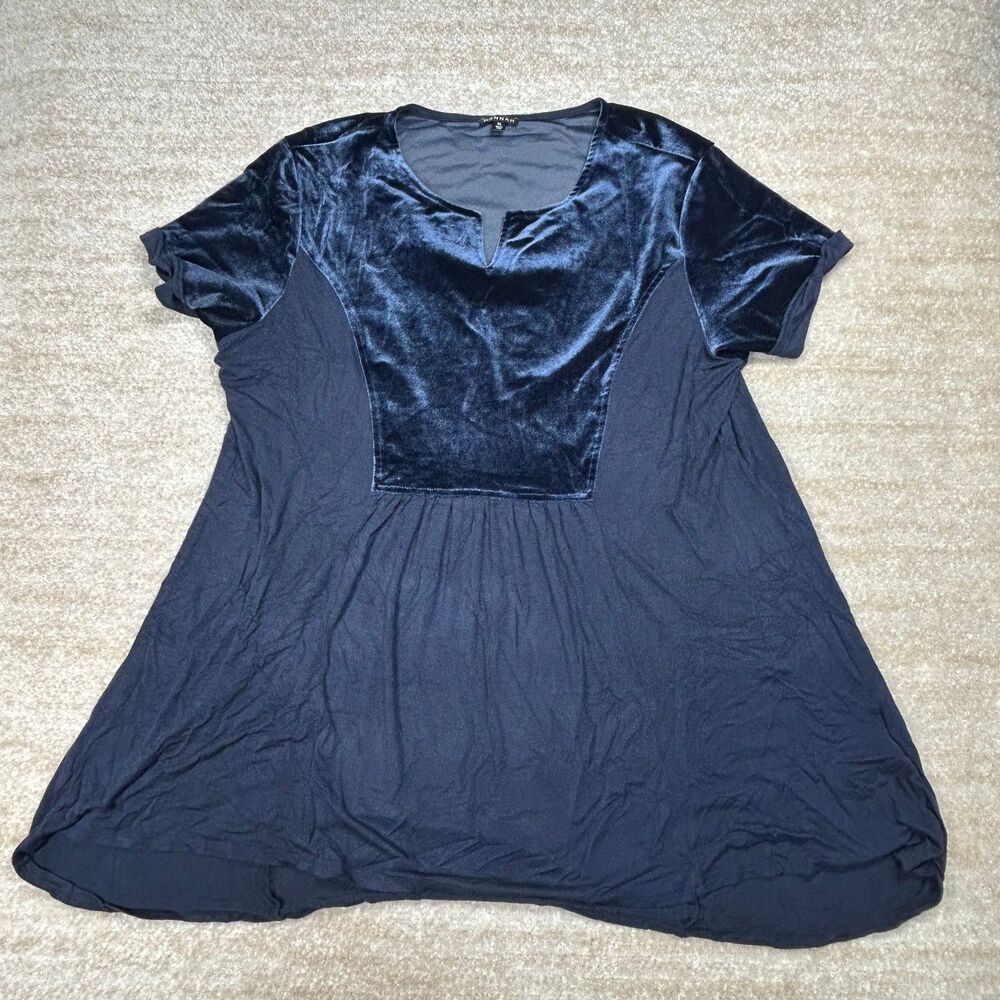 HANNAH Top Womens XL Velvet Yoke Short Sleeve Tunic Navy Swing Panel